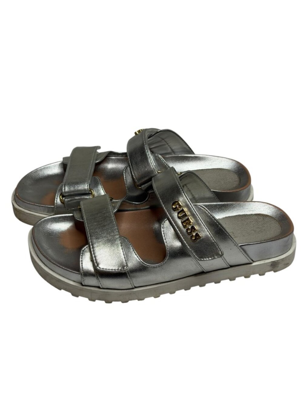 Guess Fabulon Sandals Shoes Faux Leather Slip On Women Metallic Silver 8.5 - Picture 2 of 12